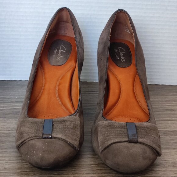 Clarks Artisan Bristol bow brown suede heel women's size 8.5 M - Picture 3 of 13
